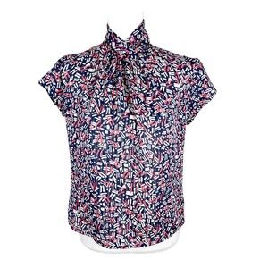 Vintage PS Illustrations Blouse Women 4 Blue Graphic Short Sleeve Turtleneck